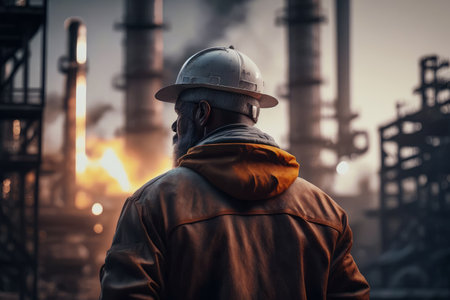 Man wearing hard hat standing in front of factory with lot of pipes. Generative AI.の素材