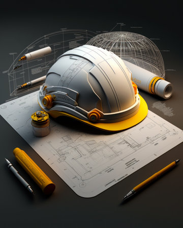 Hard hat and other construction tools on top of blueprints. Generative AI.の素材
