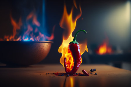 Hot pepper on fire in front of bowl. Generative AI.の素材