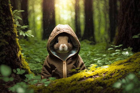 Rabbit in hoodie in forest with moss growing on the ground and trees in the background. Generative AI.の素材