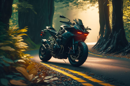 Motorcycle parked on the side of road in the middle of wooded area. Generative AI.の素材