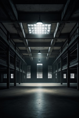 Empty warehouse with bright light coming in from the top of the ceiling and windows on the far side of the room. Generative AI.の素材