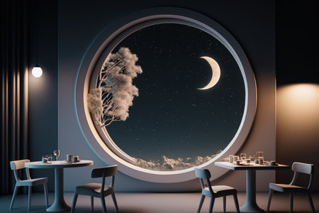 Round window with view of the moon and tree in the middle of it. Generative AI.の素材