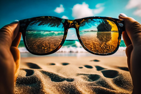 Pair of sunglasses sitting on top of sandy beach next to body of water. Generative AI.の素材
