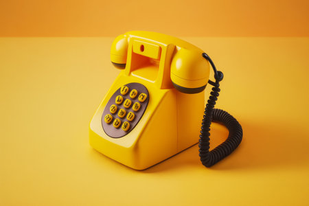 Yellow telephone sitting on top of yellow table next to black telephone cord. Generative AI.の素材