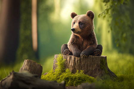 Brown bear sitting on top of tree stump in the middle of forest. Generative AI.の素材
