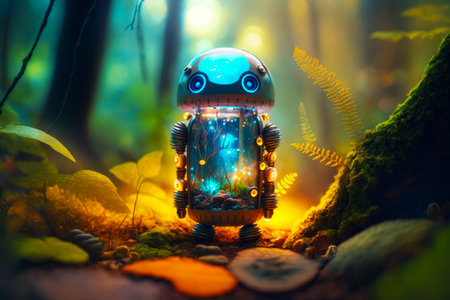 Little robot standing in the middle of forest with light on it's face. Generative AI.の素材