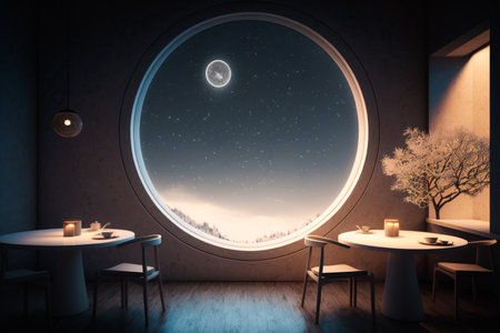 Round window with view of the moon and the stars in the night sky. Generative AI.の素材
