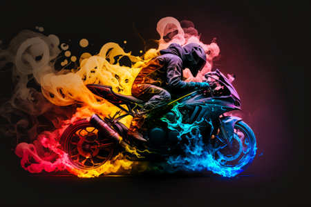 Person riding motorcycle in colorful smoke. Generative AI.の素材