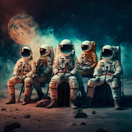 Astronauts sitting on chairs in front of the moon. Generative AI.の素材