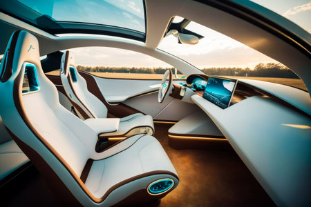 The interior of futuristic car with white leather seats. Generative AI.の素材