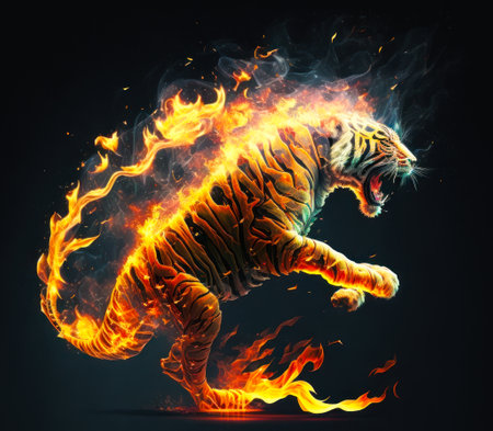 An image of tiger in flames on black background. Generative AI.の素材