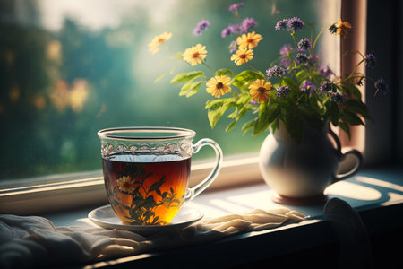 Cup of tea sits on window sill next to flowers. Generative AI.の素材