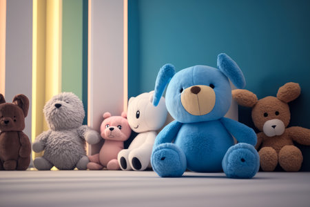 Group of stuffed animals sitting in front of blue wall. Generative AI.の素材
