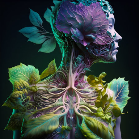 An image of woman's body with plants growing out of it. Generative AI.の素材