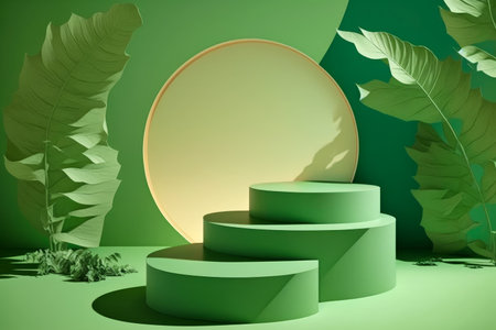 Green background with circular staircase and palm leaves. Generative AI.の素材
