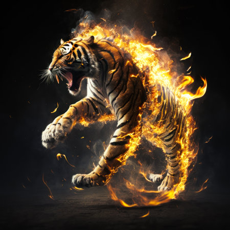 An image of tiger in flames on black background. Generative AI.の素材