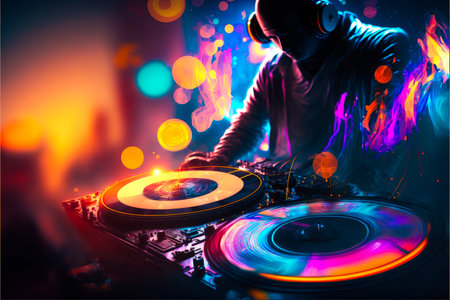 Dj playing music on turntable in front of colorful lights. Generative AI.の素材
