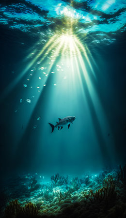 An underwater scene with sunlight shining through the water. Generative AI.の素材