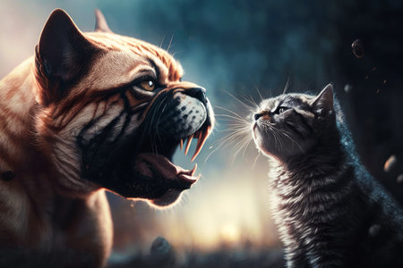 Cat and dog face each other with their mouths open and mouths wide open. Generative AI.の素材