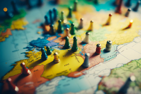 Chess pieces on map of europe. Generative AI.の素材