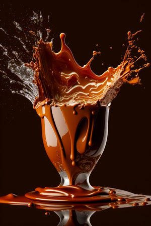 Splash of chocolate in glass of milk and caramel syrup on black background. Generative AI.の素材