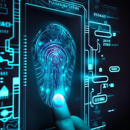 Finger touching fingerprint scanner on futuristic background. Generative AI.の素材