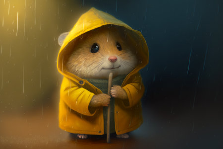 Little mouse in yellow raincoat holding wooden stick and wearing yellow raincoat. Generative AI.の素材