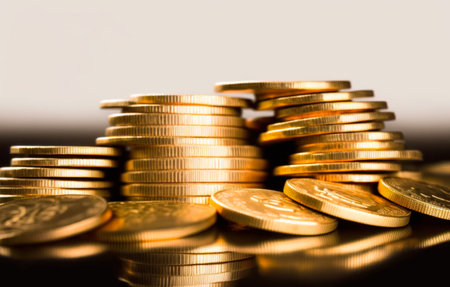 Pile of gold coins on table. Generative AI.の素材