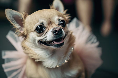 Close up of small dog with dress around it's neck and smile on its face. Generative AI.の素材