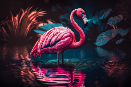 Pink flamingo standing in body of water next to lush green plant. Generative AI.の素材