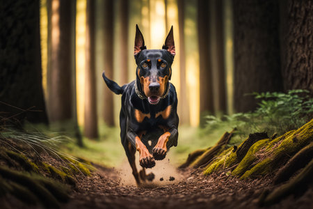 Black and brown dog running through forest filled with lots of green grass and trees. Generative AI.の素材