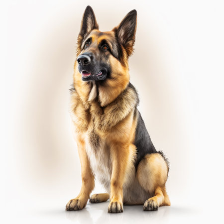 German shepherd dog sitting on white background. Generative AI.の素材