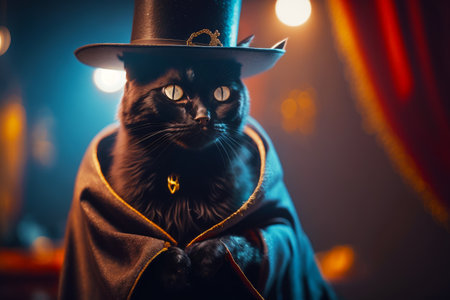 Black cat wearing top hat and cape with cross on it's chest. Generative AI.の素材