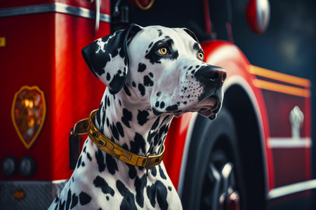 Dalmatian dog sitting in front of fire truck with its mouth open. Generative AI.の素材