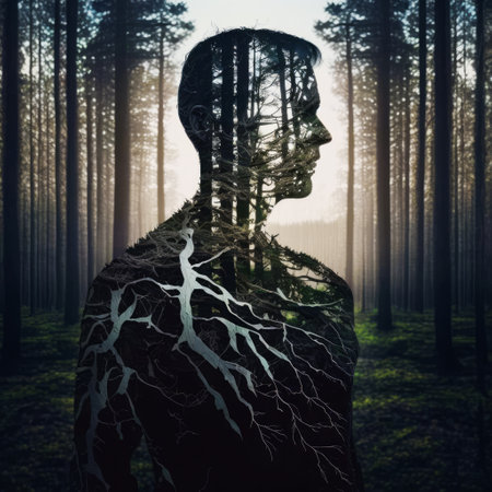 Double exposure of man in the forest with trees growing out of his body. Generative AI.の素材