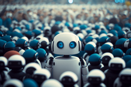 Robot with blue eyes standing in crowd of white and black ones with blue eyes. Generative AI.の素材