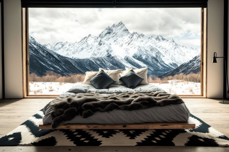 Large bed sitting in front of window next to snow covered mountain range. Generative AI.の素材