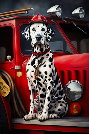 Dalmatian dog sitting in front of red fire truck with fireman's hat on. Generative AI.の素材