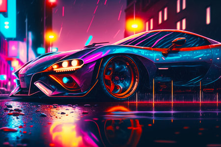 Car parked in the rain on city street at night with bright light shining on it. Generative AI.の素材