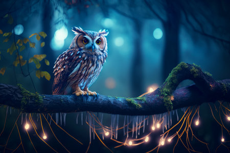 Owl sitting on tree branch in forest at night with lights on the branches. Generative AI.の素材