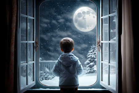 Little boy looking out of window at snowy night with full moon. Generative AI.の素材