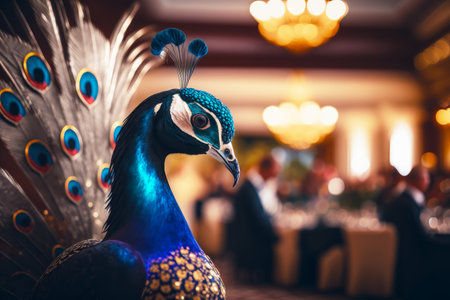 Close up of peacock statue in room with chandeliers and chandelier. Generative AI.の素材