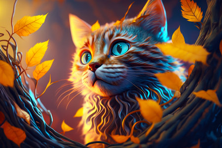 Image of cat with blue eyes sitting in tree surrounded by autumn leaves. Generative AI.の素材