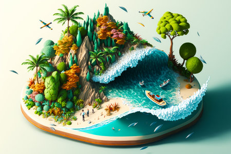 Paper cut of tropical island with boat in the water and birds flying around. Generative AI.の素材