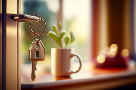 House shaped keychain sitting next to cup with plant in it. Generative AI.の素材