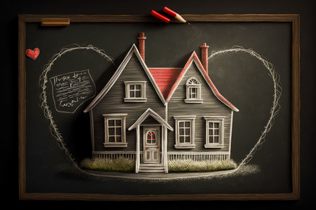 Drawing of house on chalkboard with heart drawn on it. Generative AI.の素材