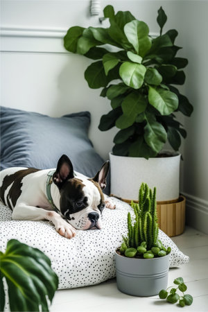 Black and white dog laying on bed next to potted plant. Generative AI.の素材