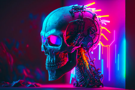 Skull with neon lights on it's head in dark room. Generative AI.の素材