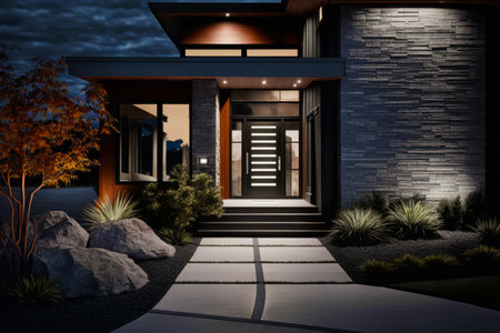 Night scene of modern house with steps leading to the front door. Generative AI.の素材